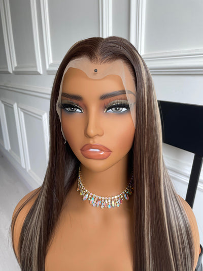 Brown Brunette Wig With Blonde Highlights Long Wavy Wig