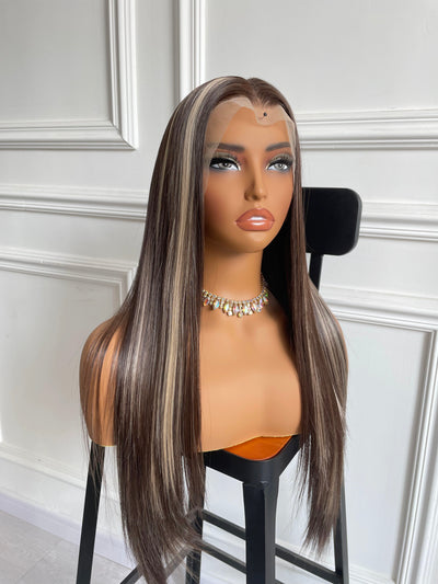 Brown Brunette Wig With Blonde Highlights Long Wavy Wig