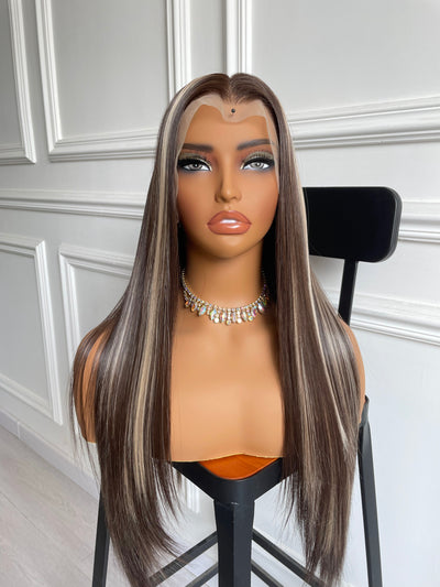 Brown Brunette Wig With Blonde Highlights Long Wavy Wig