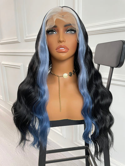 Middle Part Black with Blue Highlight Wavy Lace Front Wig