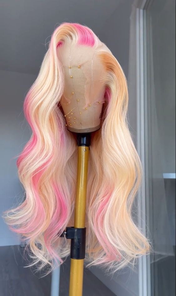 Blonde Pink Wavy Lace Front Wig Human Hair – newhairagenda display picture 1