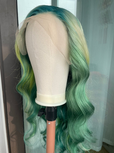 Green Highlights Wavy Lace Front Wig Human Hair