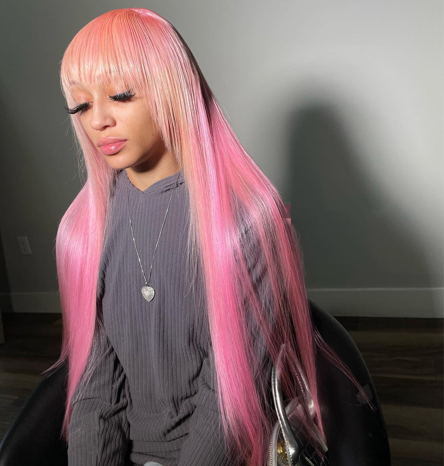 Shop Look Light Pink Ombre Color with Bang Human Hair Lace Front Wig