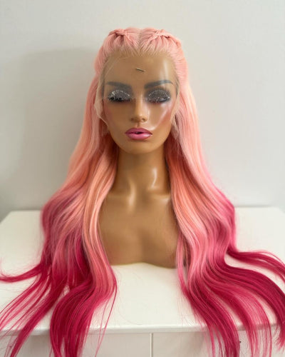 Long Pink Wavy Ombre Lace Front Wig