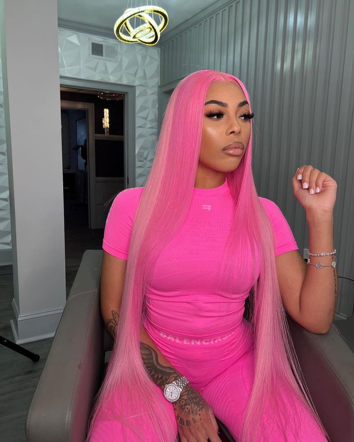 Pink mid-point long straight wig yv30310 main image 0