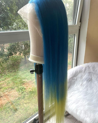 Blue and Yellow Ombre Human Hair Lace Front Wig