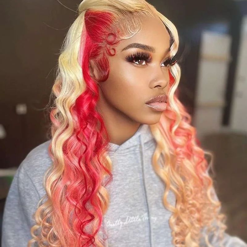 Red And Blond 16’’ Lace Front Wig Human Hair Blonde With Red Highlight Color Lace Front Wig  main image 2