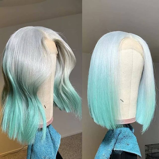 NHA Grey Color Lace Wig With Light Blue Ombre
