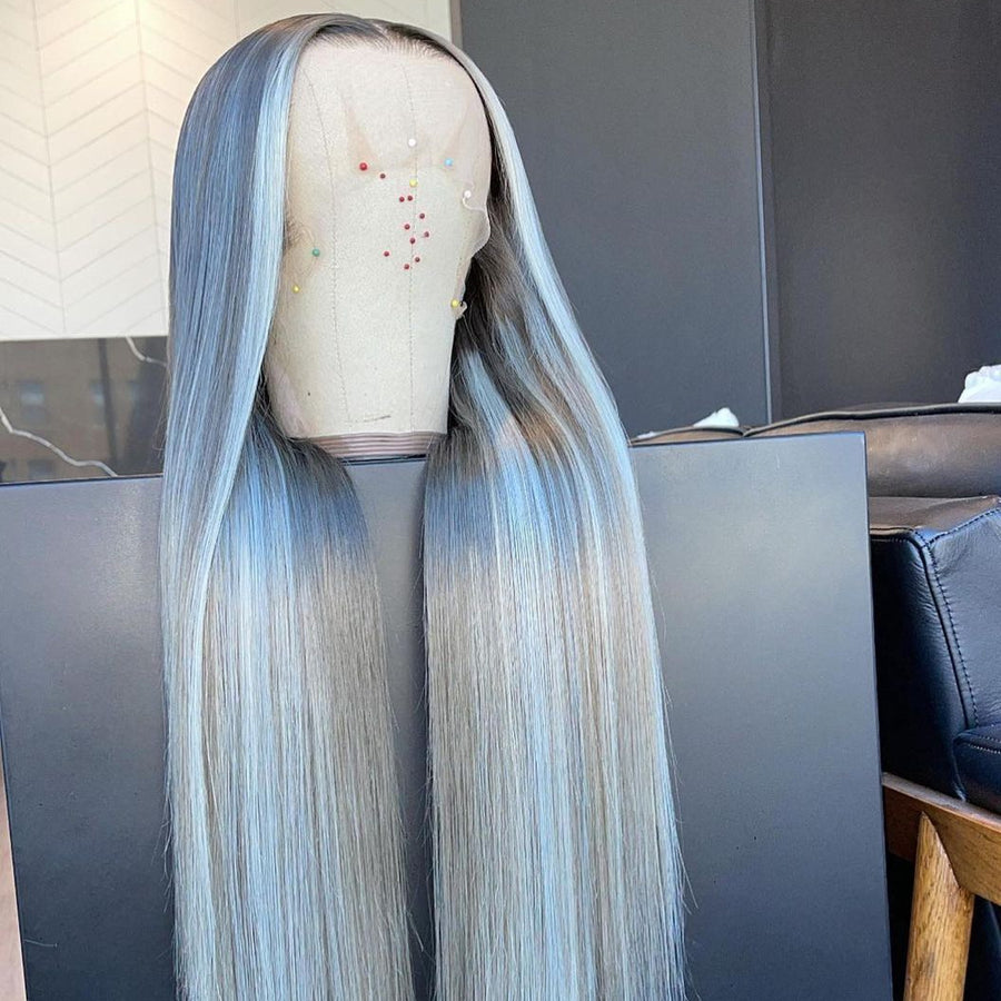 Grey With White Color Straight Lace Front Wig