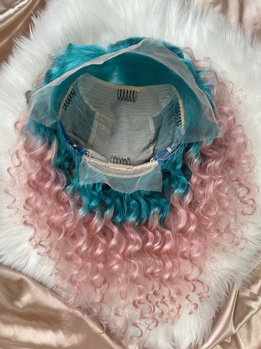 Light Blue Pink Ombre Curly Lace Front Wig
