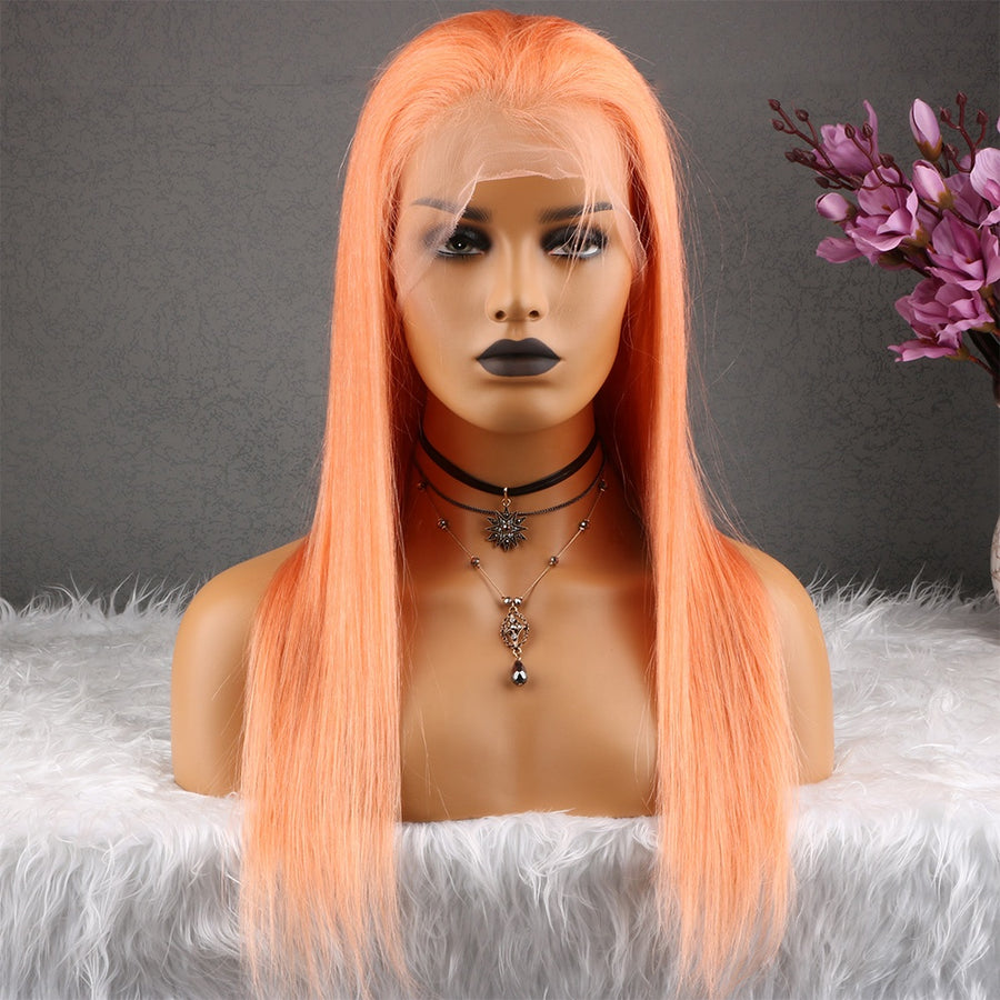 NHA Light Orange Pink Long Straight Lace Front Wig