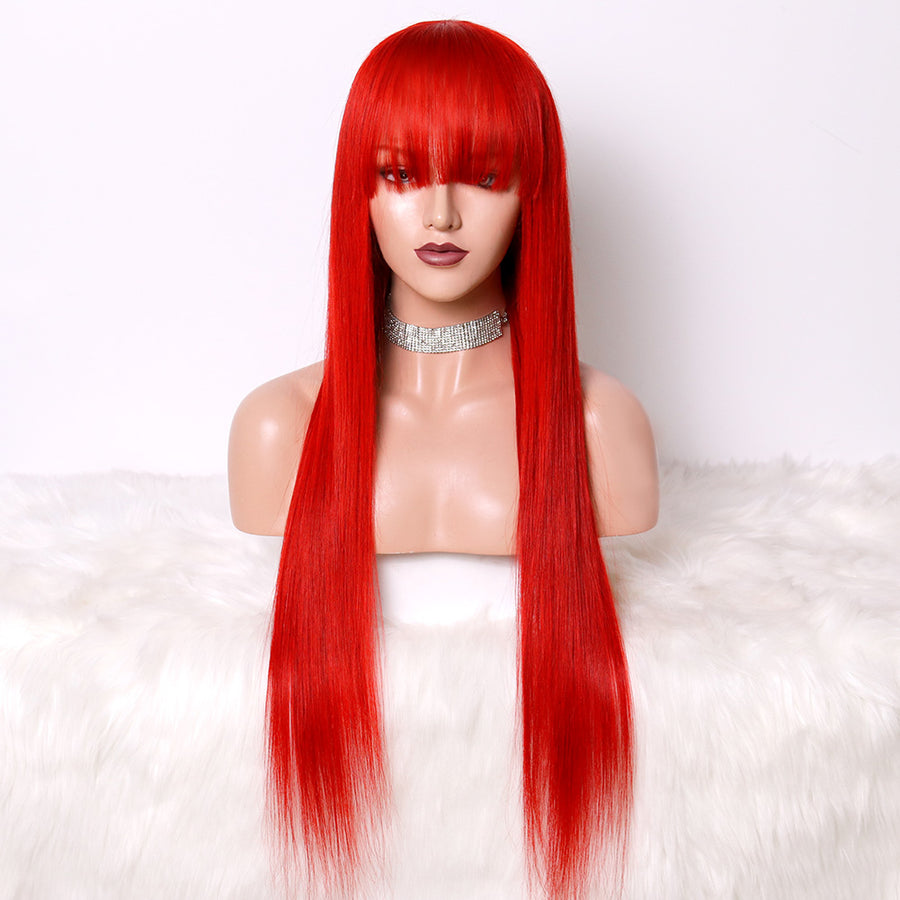 NHA Bright Red Long Straight Wig with Bang