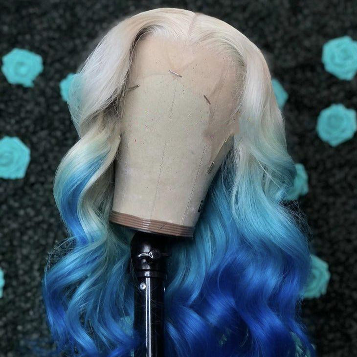 NHA White Blue Wavy Lace Front Wig