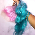 NHA Sky Blue With Pink Color Ombre Wavy Lace Front Wig