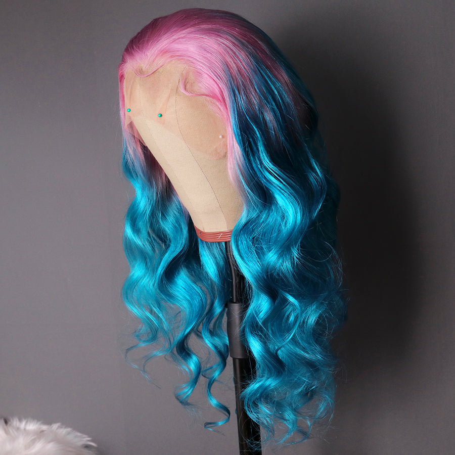 NHA Sky Blue With Pink Color Ombre Wavy Lace Front Wig