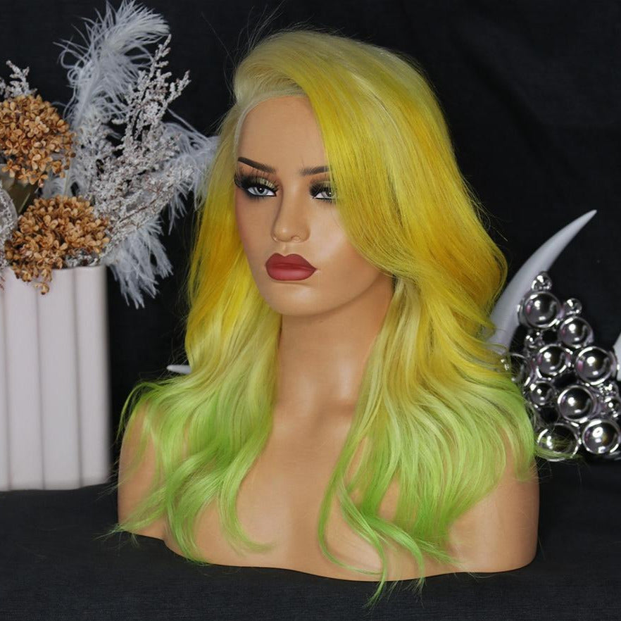 NHA Yellow Green Ombre Wavy Lace Front Wig