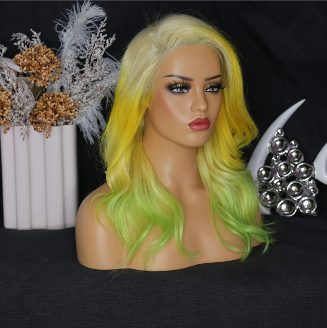 NHA Yellow Green Ombre Wavy Lace Front Wig