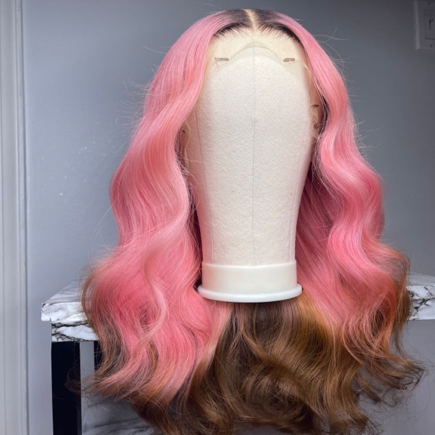 NHA Pink Brown Ombre Body Wave Lace Front Wig