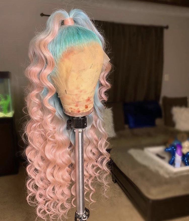 Light Blue Pink Ombre Curly Lace Front Wig
