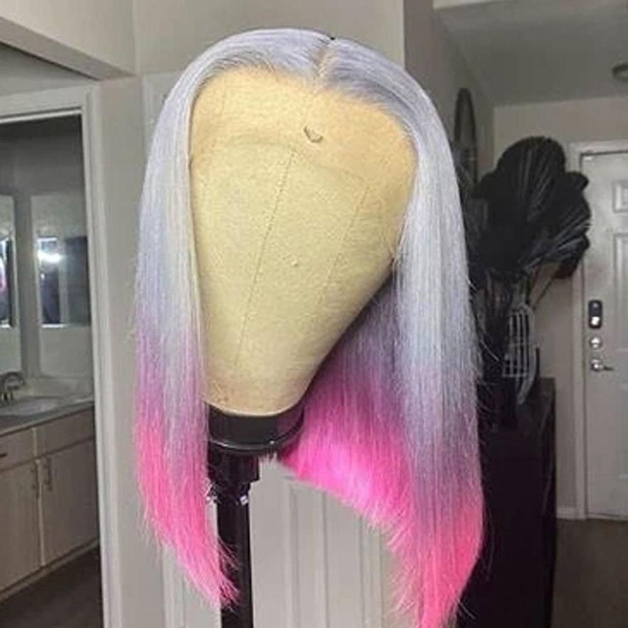 NHA 14INCH Grey Pink Color Ombre Straight Wig