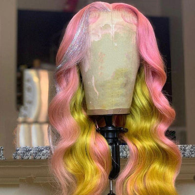 NHA Pink Yellow Highlight Body Wave Lace Front Wig
