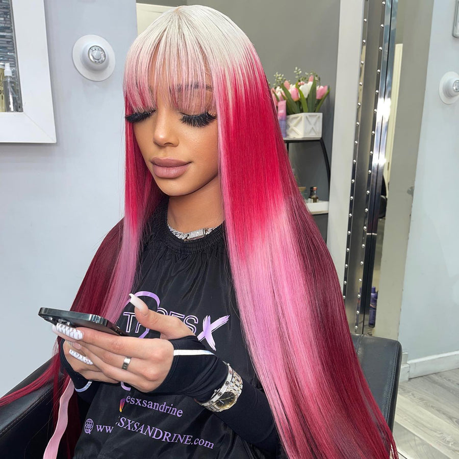 NHA Red Color Wig with Bang Lace Front Wig
