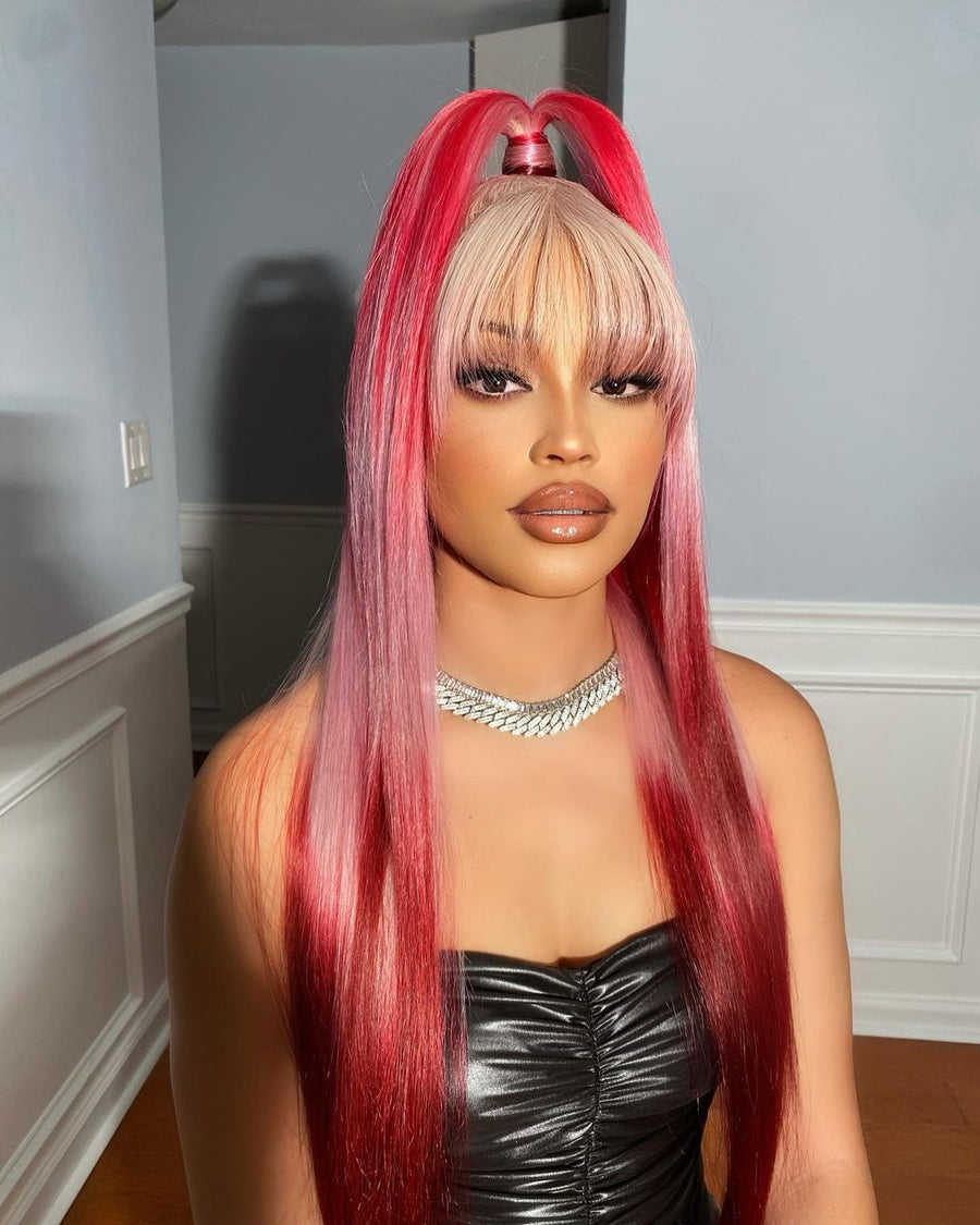 NHA Red Color Wig with Bang Lace Front Wig
