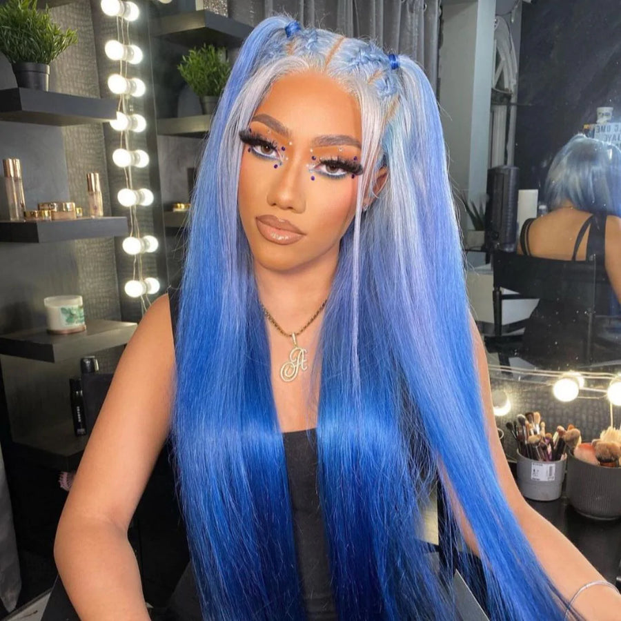 Shop Look Blue White Highlight Human Hair Lace Front Wig
