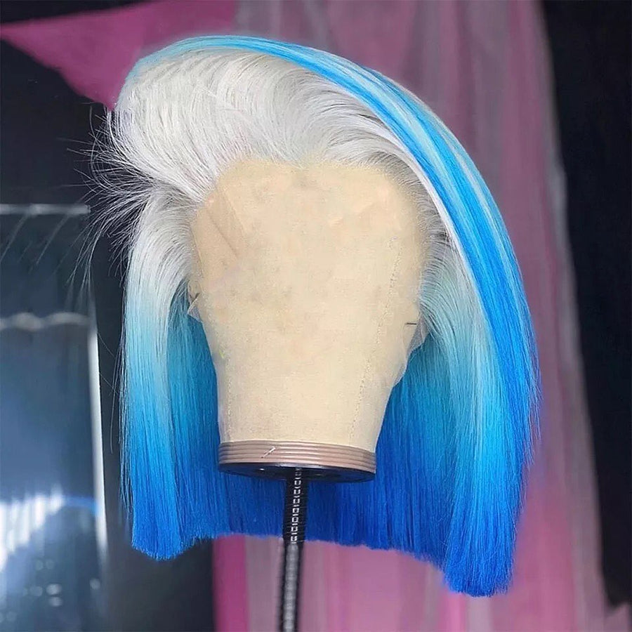 White Blue Ombre Straight Bob Lace Front Wig