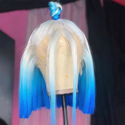 White Blue Ombre Straight Bob Lace Front Wig