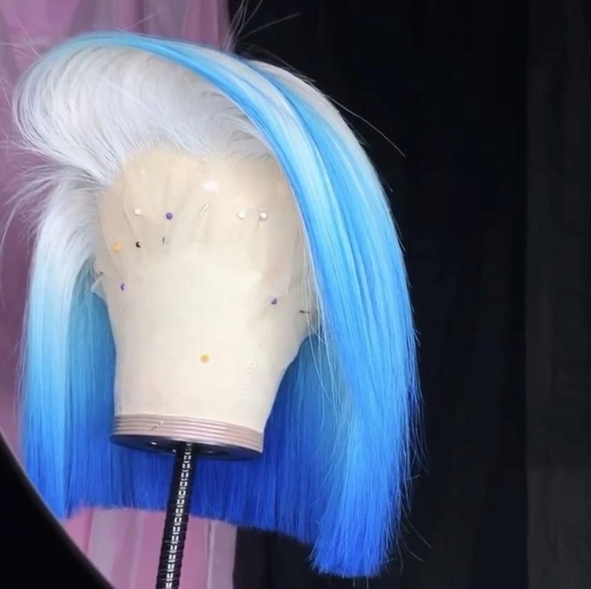 White Blue Ombre Straight Bob Lace Front Wig