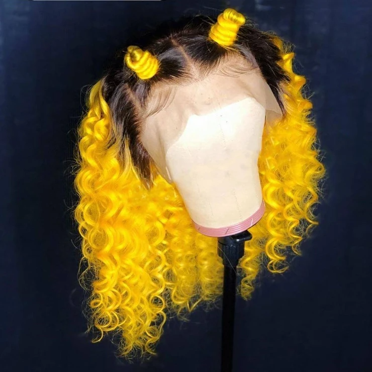 NHA Black Yellow Curly BOB Lace Front Wig