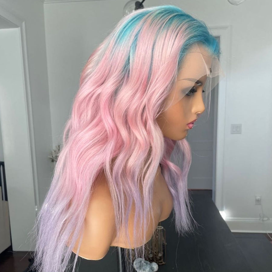 NHA Blue Pink Wavy Lace Front Wig