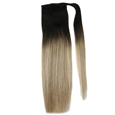 Balayage Drawstring Black Blonde Ombre Silky Straight Ponytail